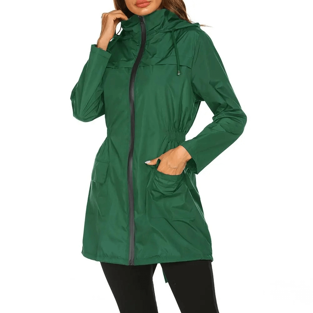 Women's Lightweight Hooded Long Raincoat Jacket SF1926 in green, featuring asymmetric length, zippered closure, and adjustable hood.